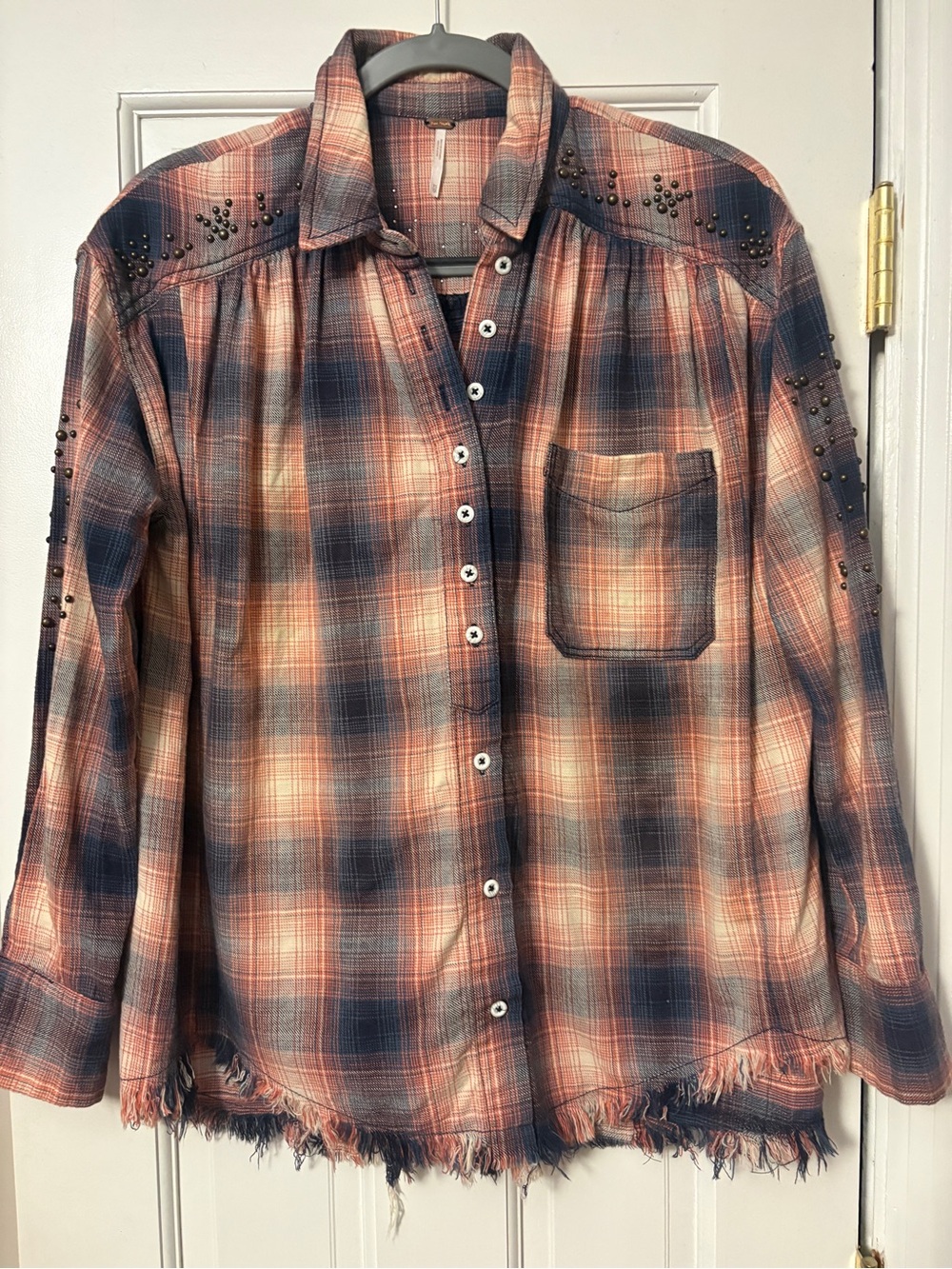 Free People Navy and Peach Plaid Studded Shirt